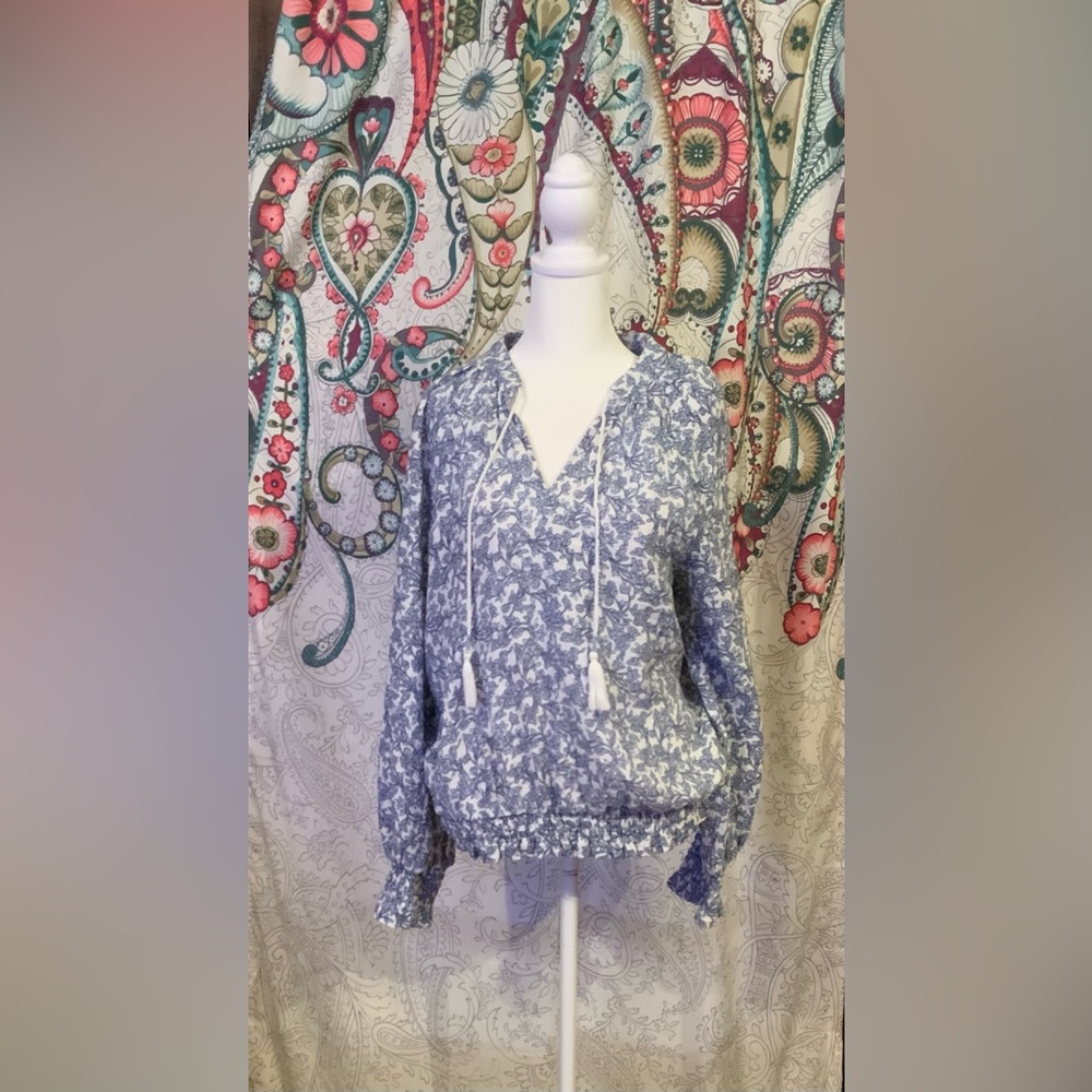 NWOT Anthropologie Porridge Elisabeth Peasant Blouse Blue Floral tassels Medium